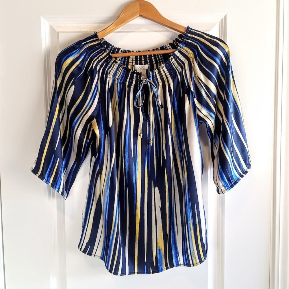 Cache Blue Yellow Abstract Print Silk Tunic Top - image 1